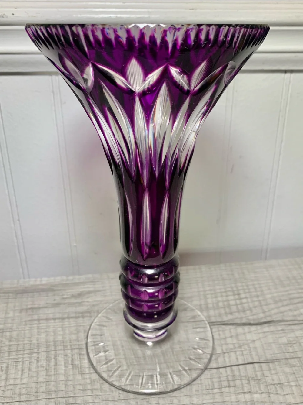 Vintage Bohemian Amethyst Cut To Clear Trumpet Flared Footed Vase